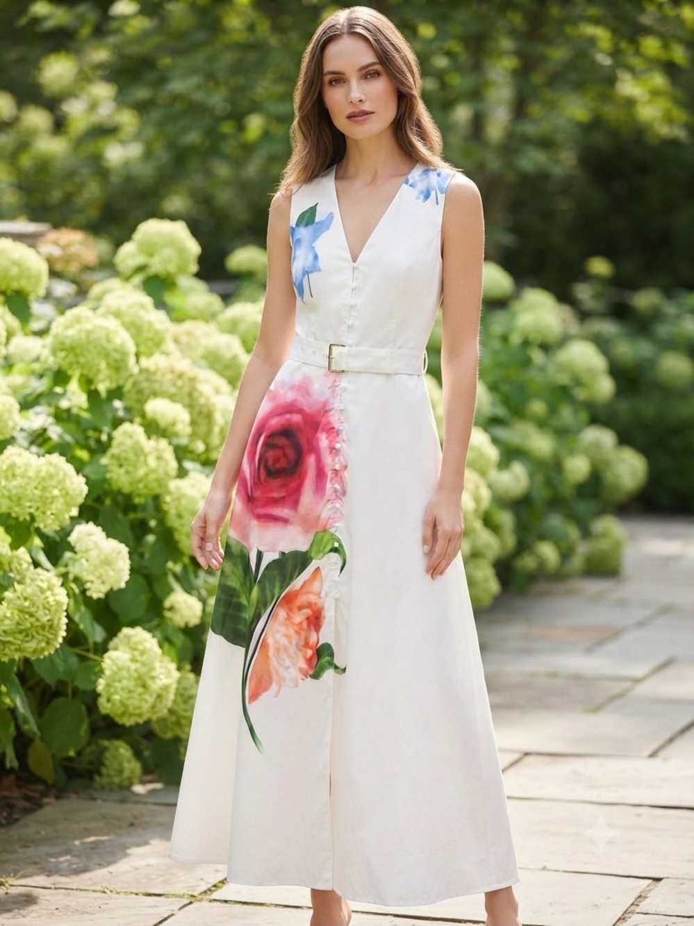 Elie Tahari White Floral Belted Sleeveless Midi Dress size 6
